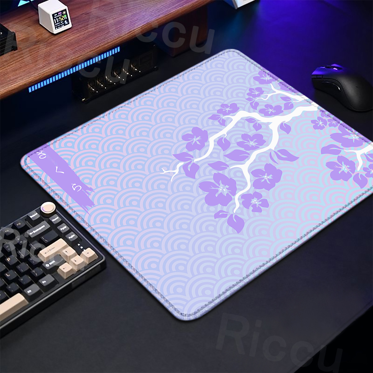Korean Desk Setup - Purple Sakura Table Pad Gaming Mice