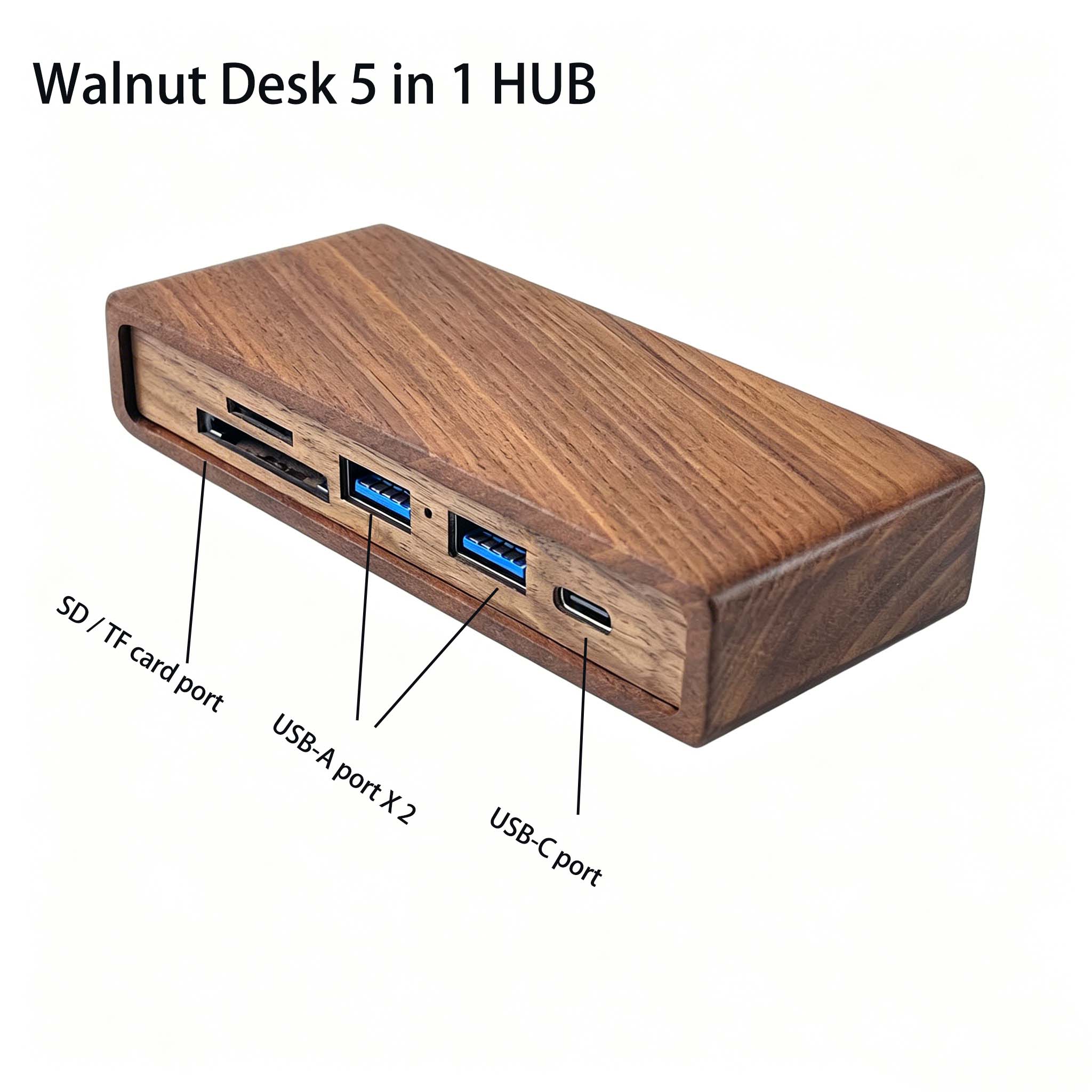 Desk Setup Usb Hub - Walnut & Beech Wood 5-in-1 USB