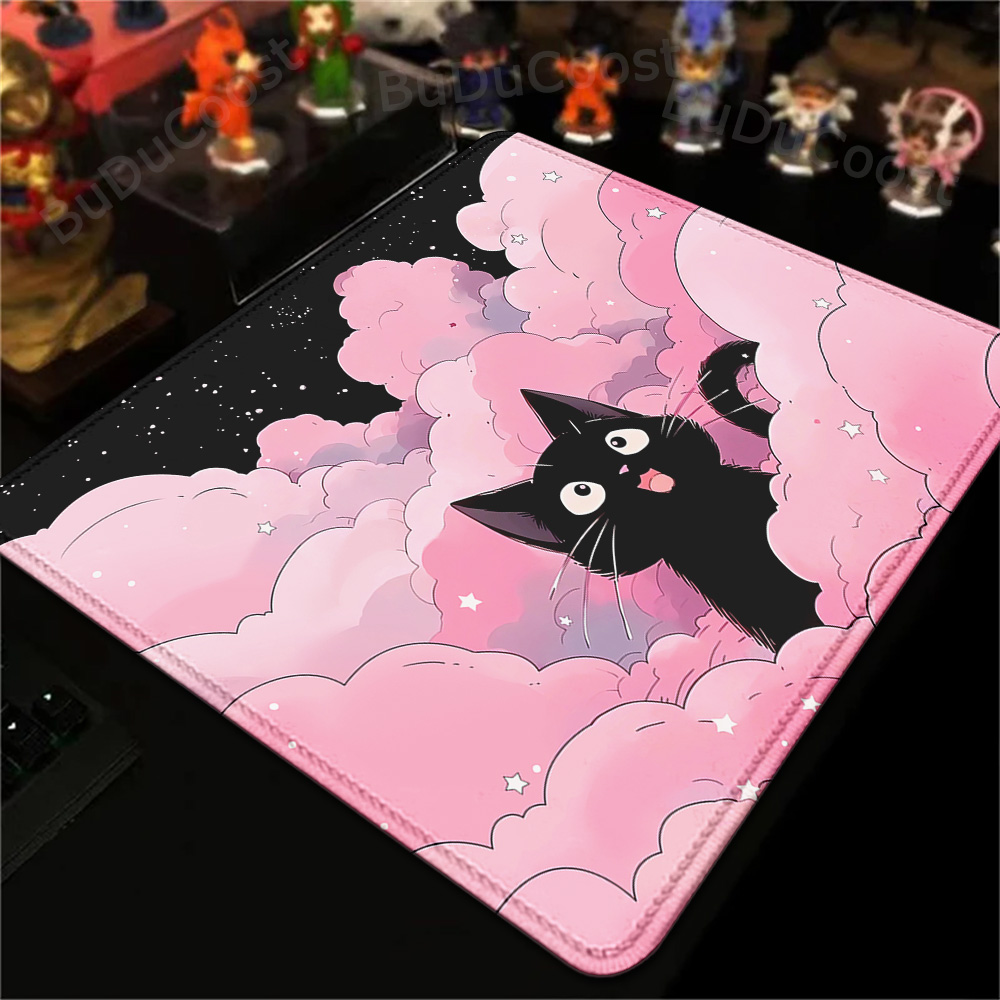 Korean Desk Setup - 18x22cm Small Rug Black Cat Clouds
